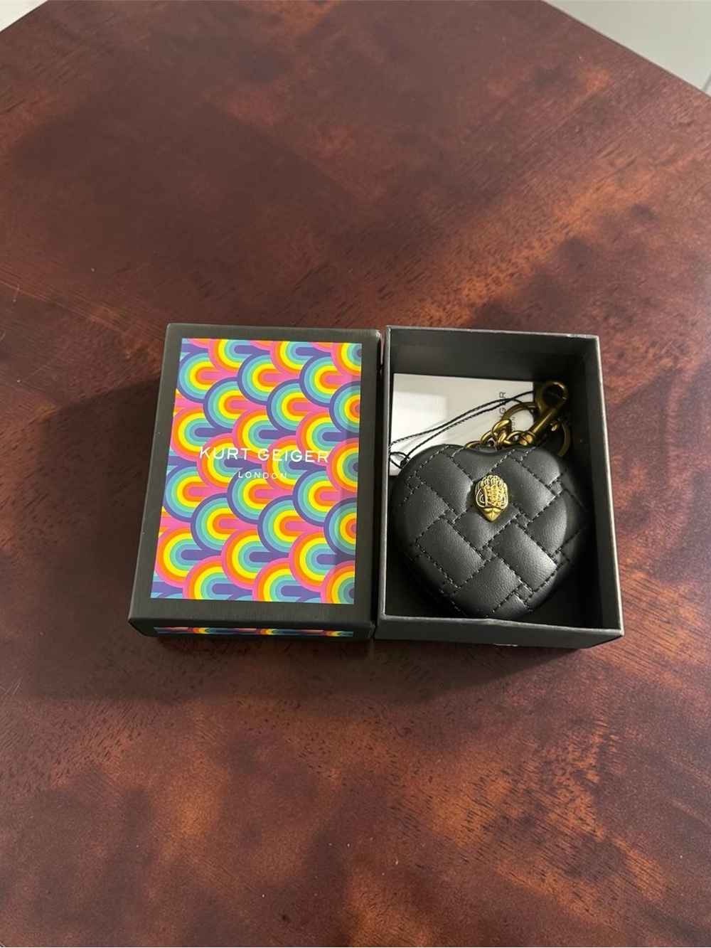 Kurt Geiger Black Quilted Heart Mirror Bag Charm - Picture 3 of 4